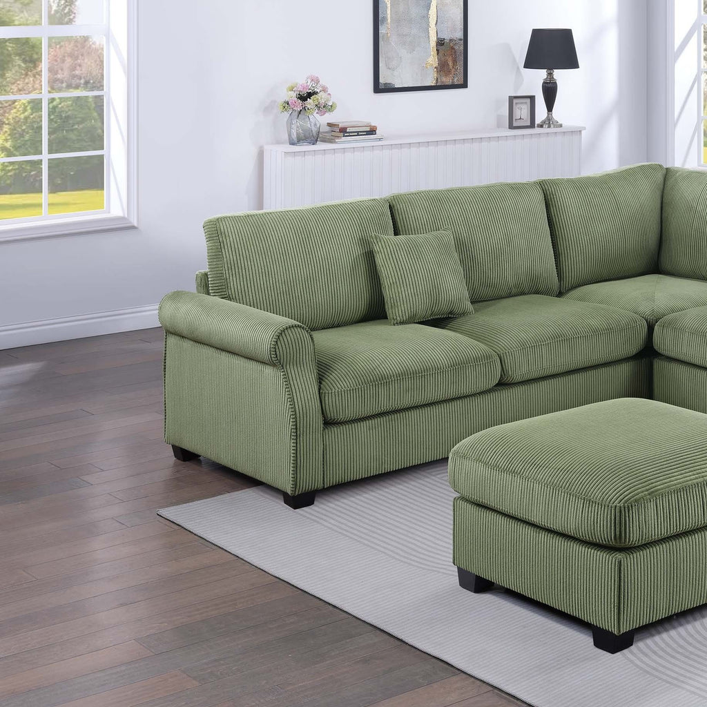 L - Sectional Sofa Set With Corner Wedge And Ottoman, 4 Piece Living Room Furniture - Sage