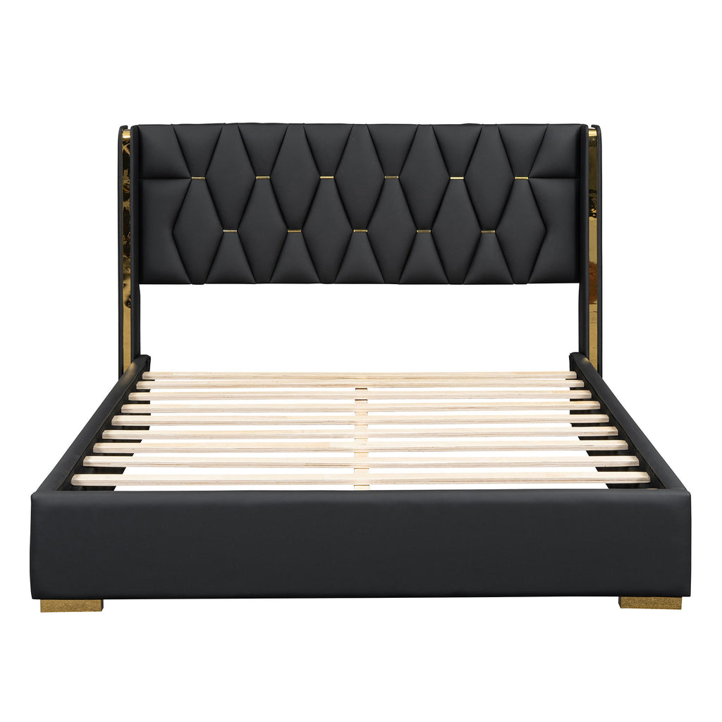 Upholstered Platform Bed With Strips - Black