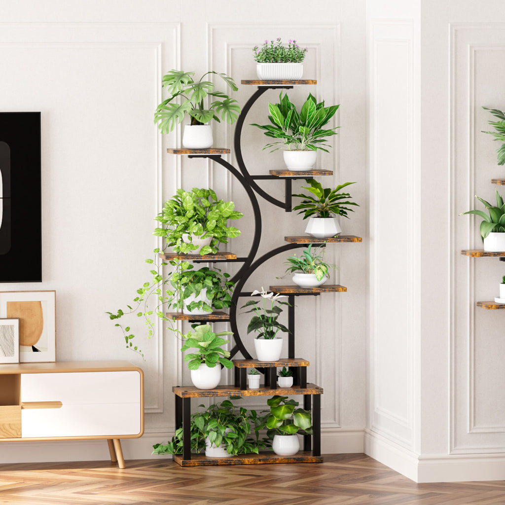 S - Shaped, 10 Tier Plant Stand With 5 Grow Lights - Deep Rustic Brown