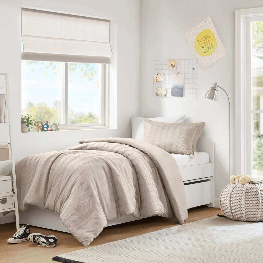 Logan - Twin/Twin Long Striped Duvet Set - Neutral