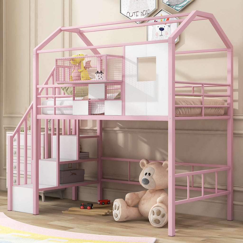 Metal Loft Bed With Roof Design And Storage Box With Guardrails And Integrated Ladder