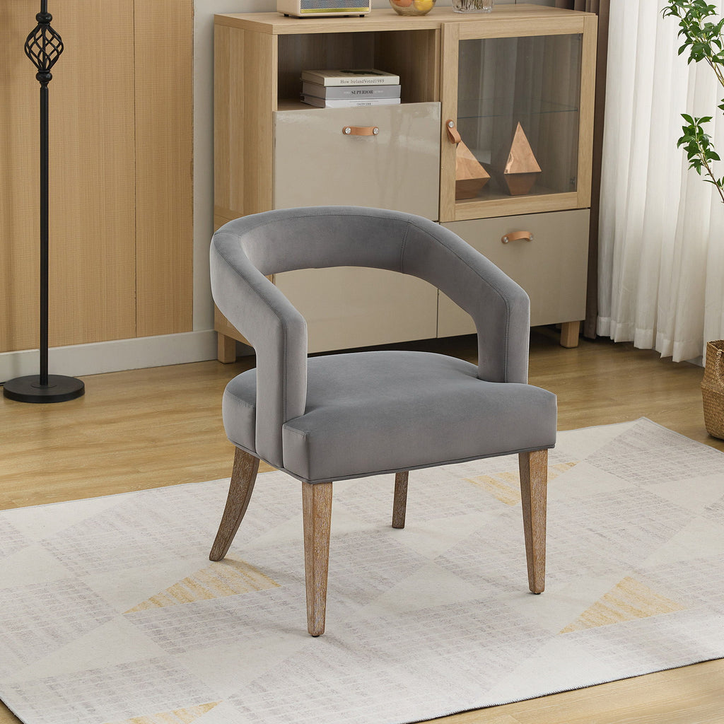 Wide Modern Barrel Open Back Upholstered Accent Chair With Weathered Solid Wood Legs