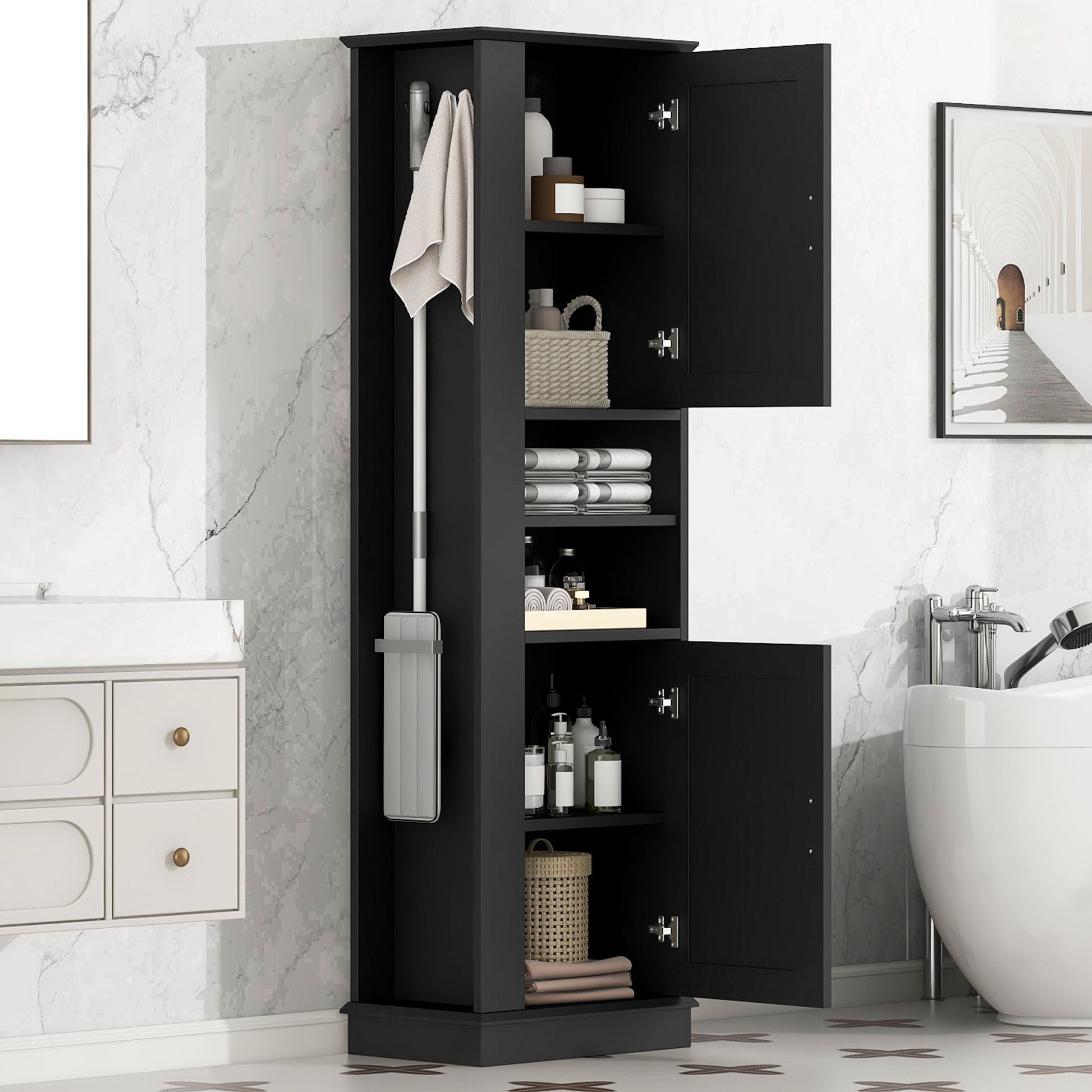 Tall Freestanding Bathroom Storage Cabinet With Adjustable Shelves And Side Hooks Board, Rectangle Design