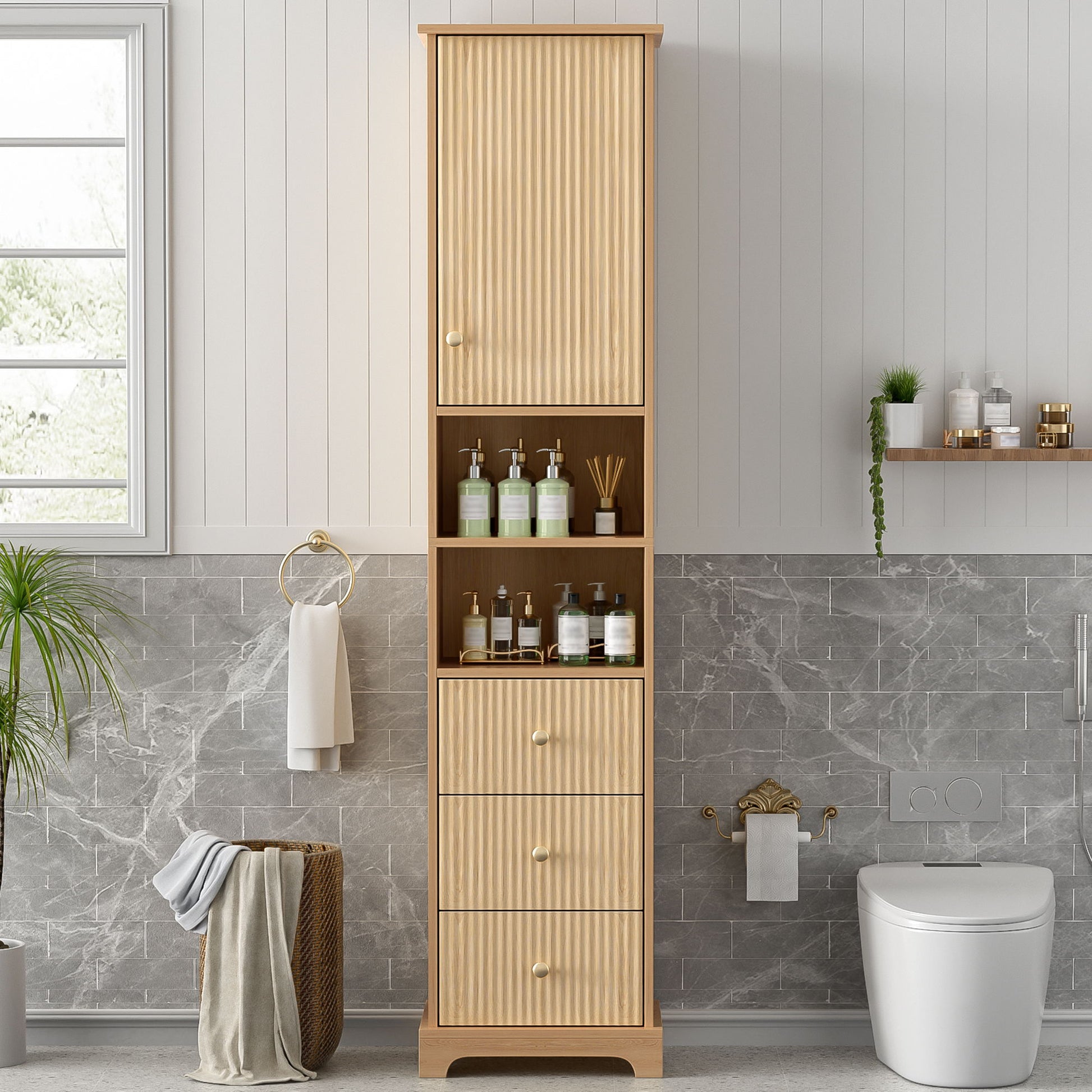 Tall Bathroom Cabinet With 1 Door, 3 Drawers, Open Storage - Wood