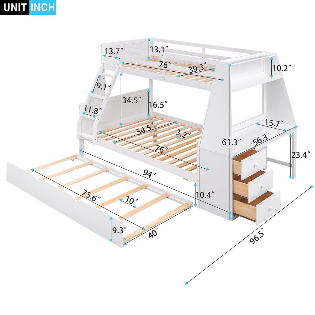 Bunk Bed With Trundle And Built In Desk, 3 Storage Drawers And Shelf