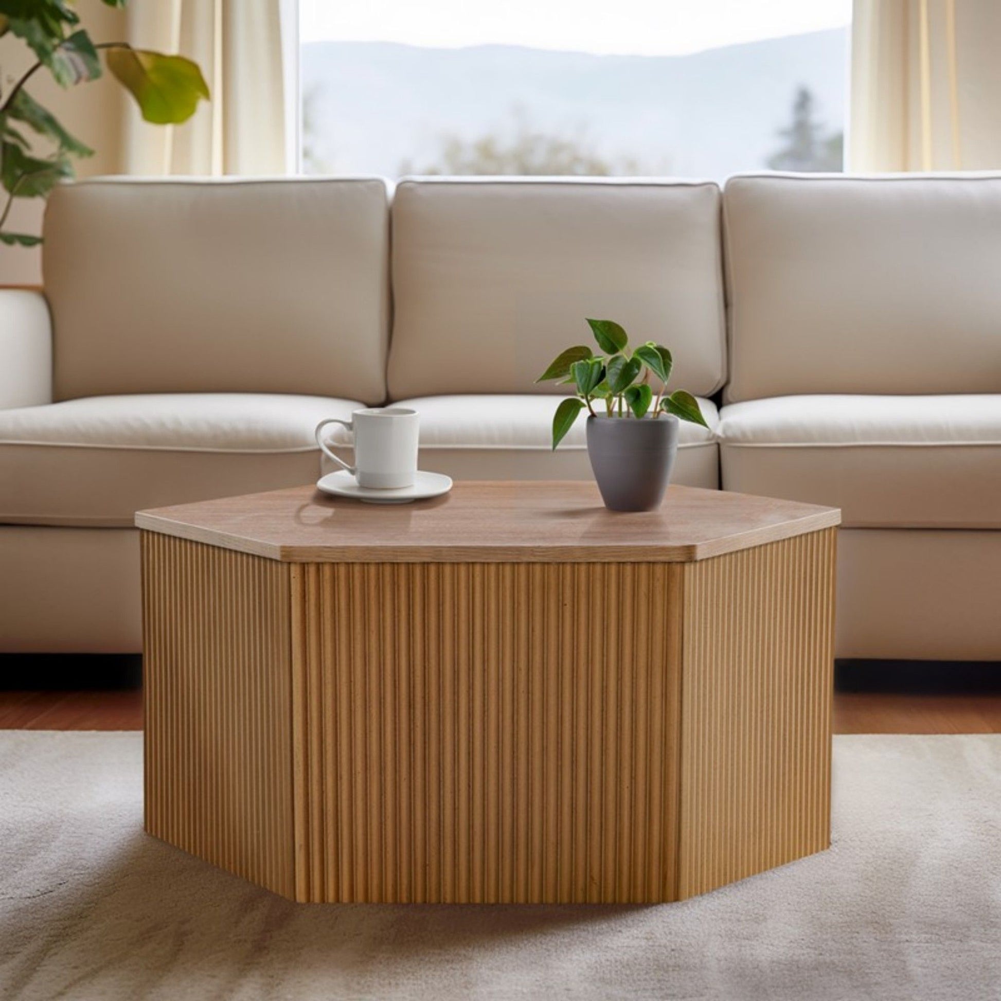 Hexagon Coffee Table With Fluted Design - Natural
