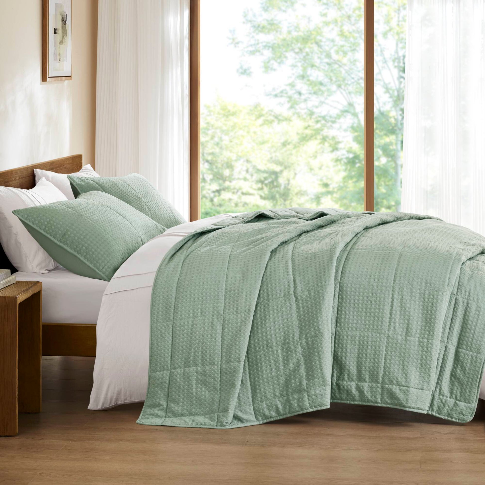 Mina - King/California King Waffle Weave Textured Quilt Set - Green