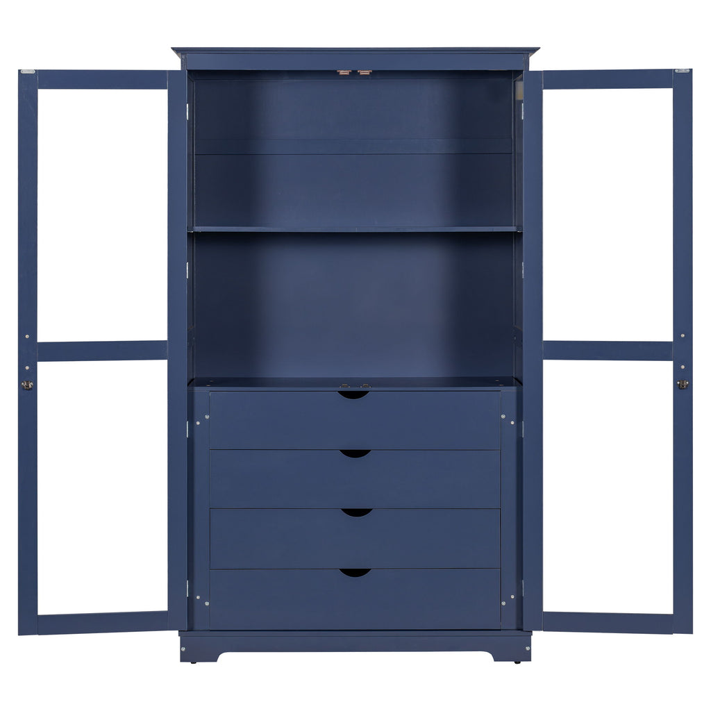 Kitchen Pantry, Freestanding Kitchen Storage Cabinet Display Cabinet With Glass Doors And 4 Built In Drawers For Living Room, Home Office - Blue