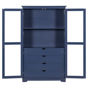 Kitchen Pantry, Freestanding Kitchen Storage Cabinet Display Cabinet With Glass Doors And 4 Built In Drawers For Living Room, Home Office - Blue