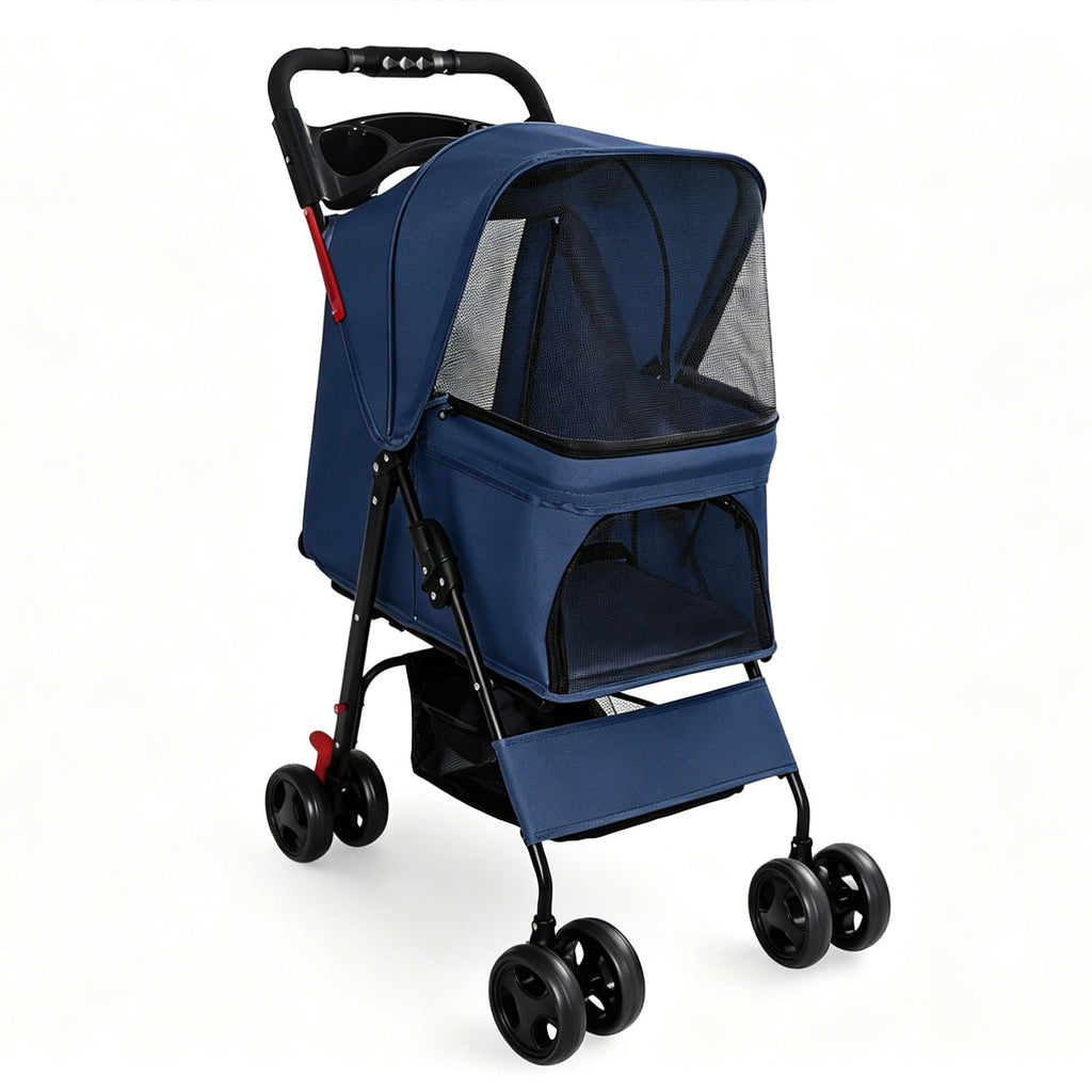 Foldable Pet Stroller For Small Dogs And Cats With Multi Functional Tray
