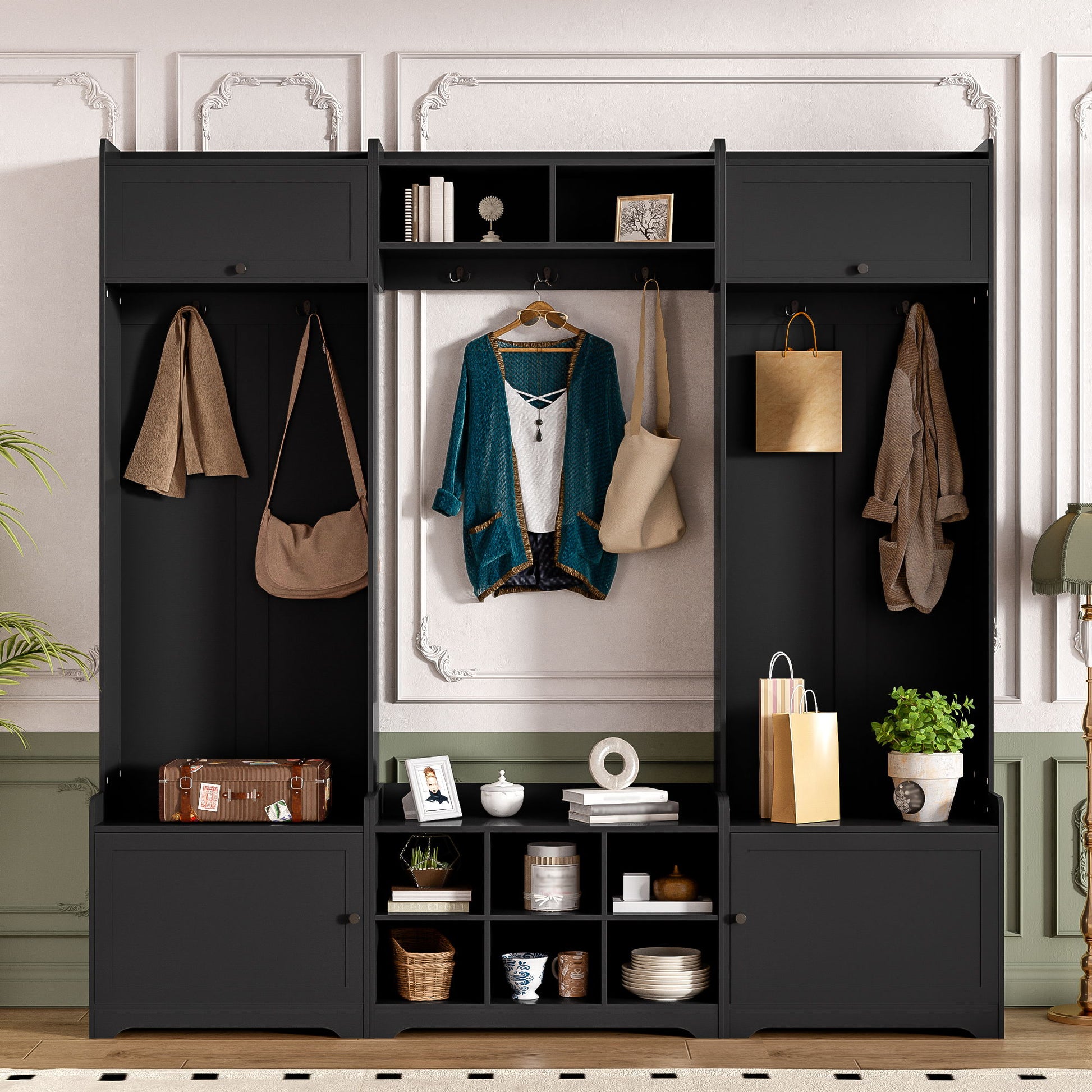 Wide Hall Tree With Shoe Storage, 4 In 1 Entryway Bench With 8 Cubbies, 7 Coat Hooks & Adjustable Shelf For Hallway - Black