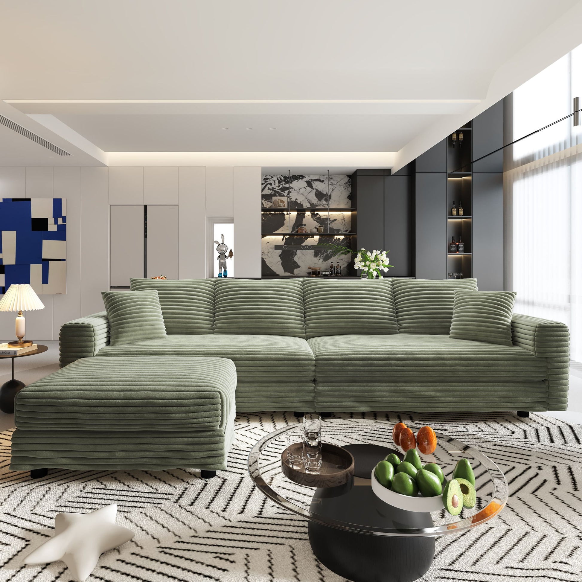 Deep Seat Convertible Sofa With Soft Pillows And Ottomans