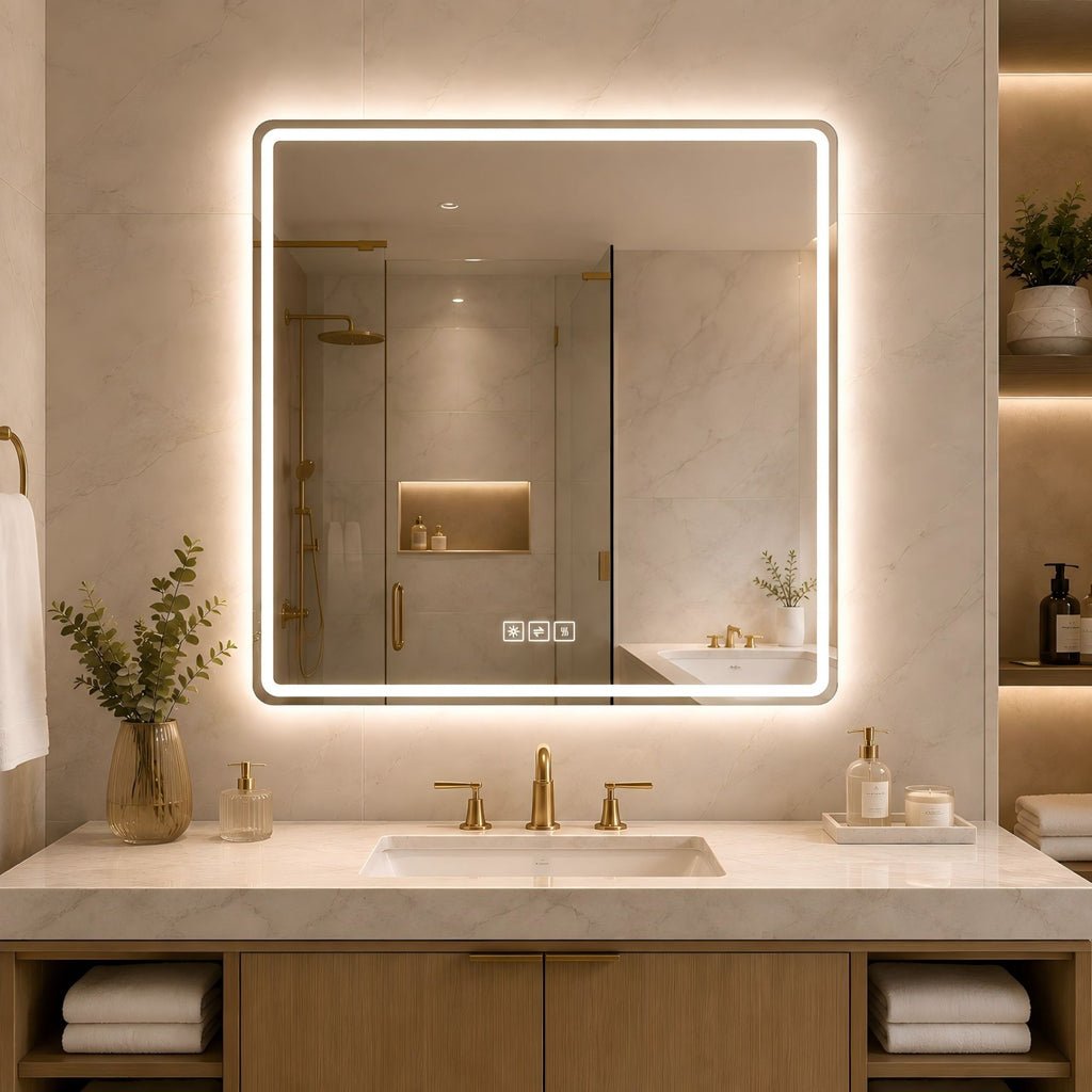 36 X 36 LED Bathroom Mirror With Dimmable Frosted Light Band, 3 Color Temperatures, Anti Fog, Memory & Auto Off - Silver