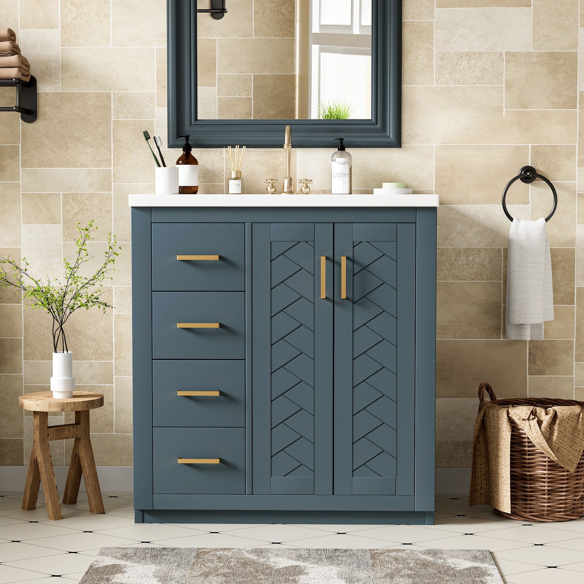 Ceramic Sink Combo, Freestanding Vanity Set With 3 Drawers & Soft Closing Doors