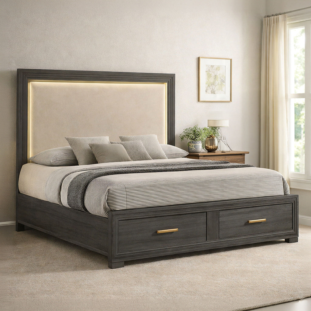 Colorado - Queen Bed With Upholstered LED Headboard - Charcoal
