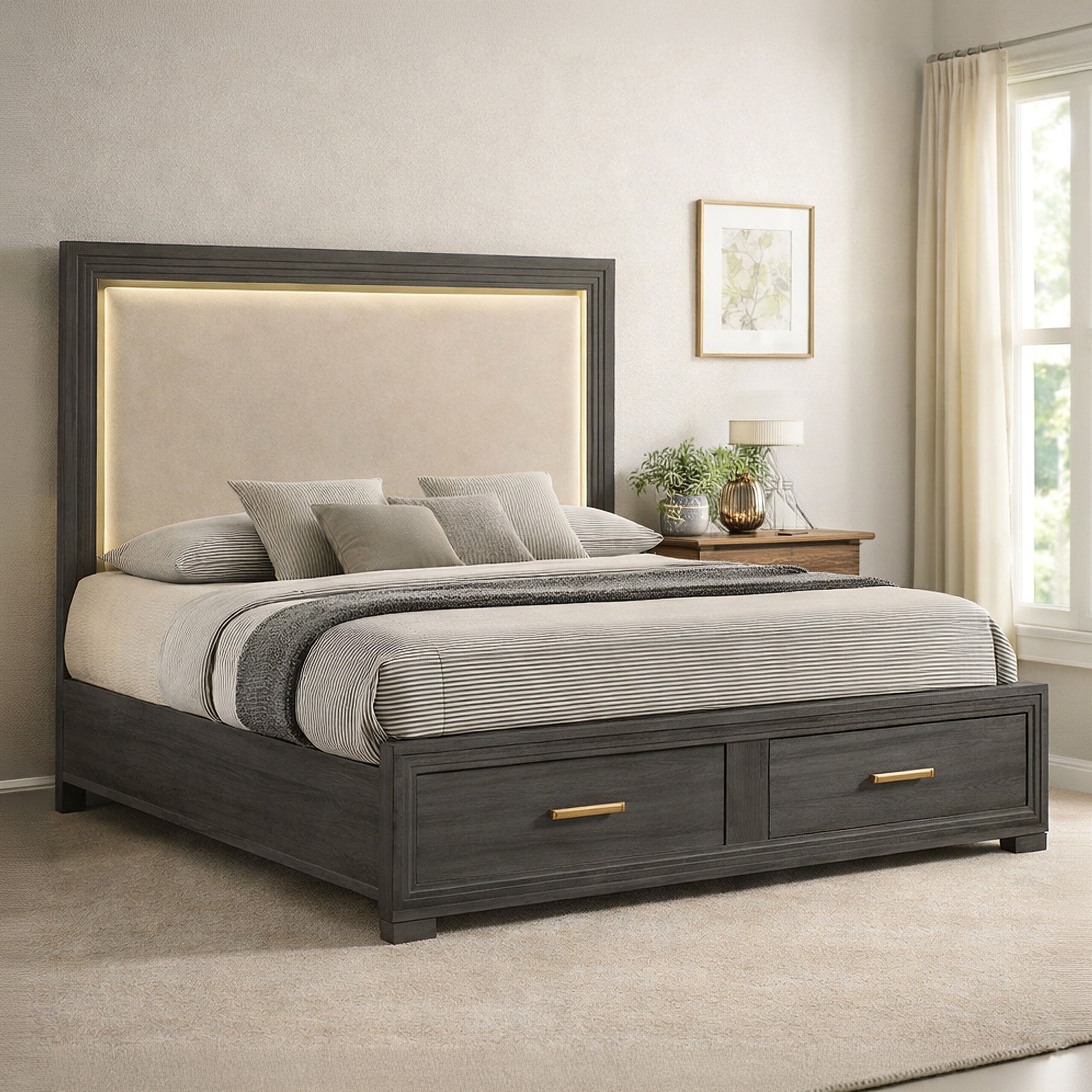 Colorado - Queen Bed With Upholstered LED Headboard - Charcoal