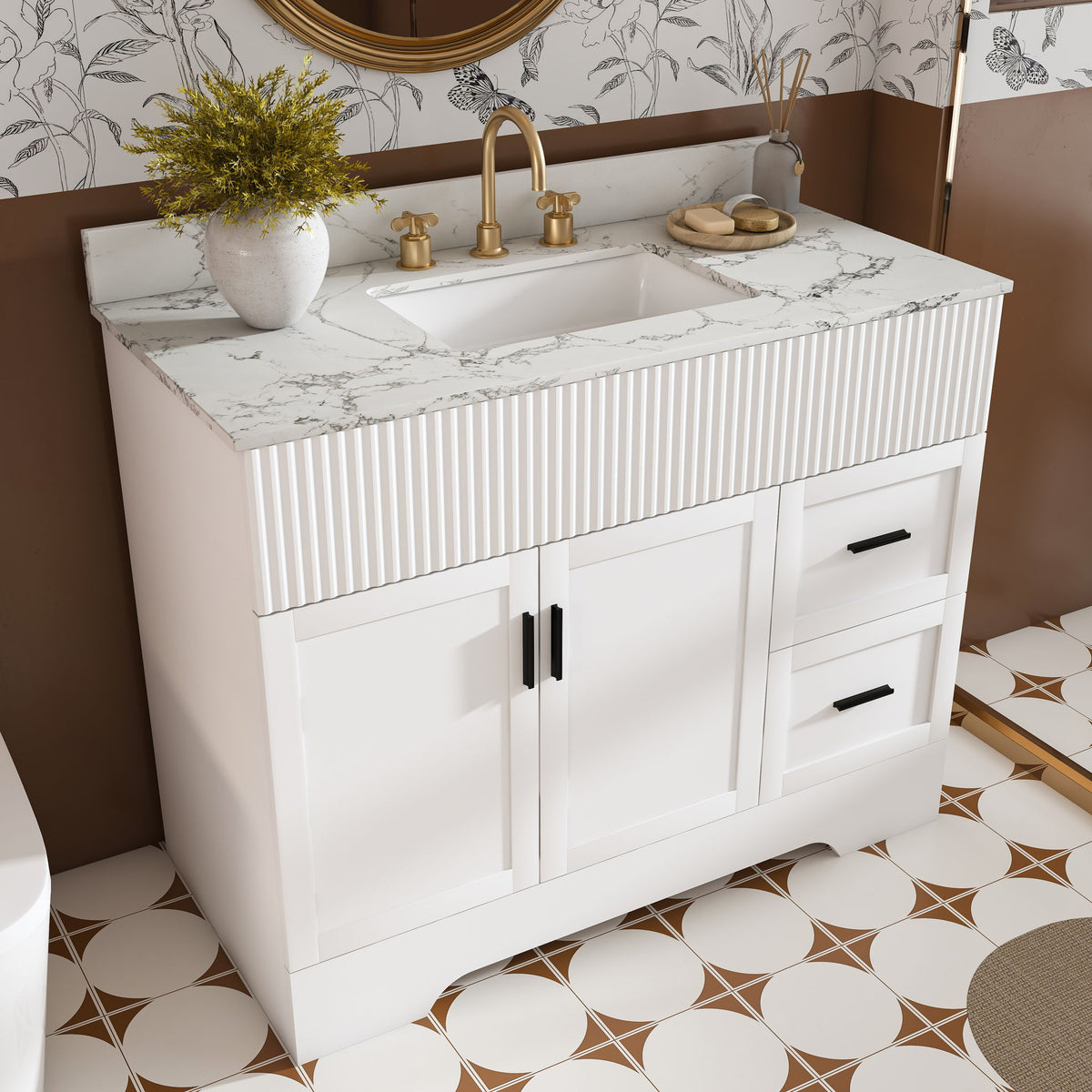 Bathroom Vanity Set, Fluted Cabinet, Soft Close Doors & Drawers, 3 Faucet Holes, Sink Included - White