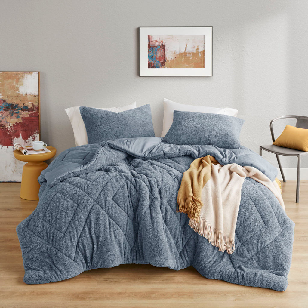 Kyla - Twin/Twin Long Double Diamond Quilted Teddy Comforter Set - Blue