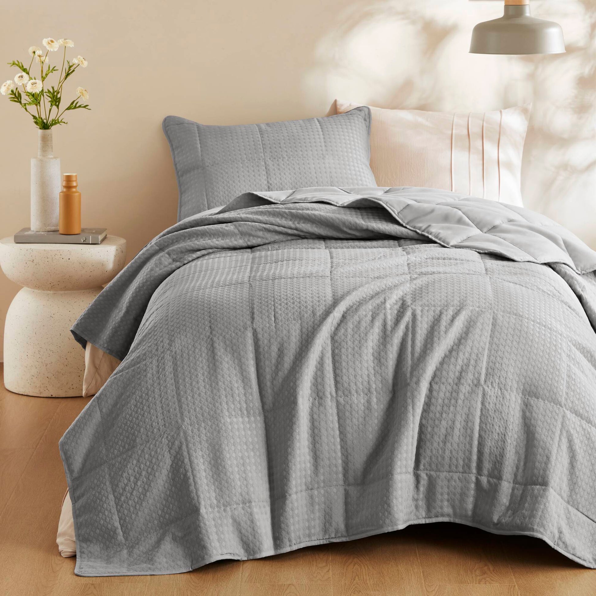Mina - Twin/Twin Long Waffle Weave Textured Quilt Set - Gray