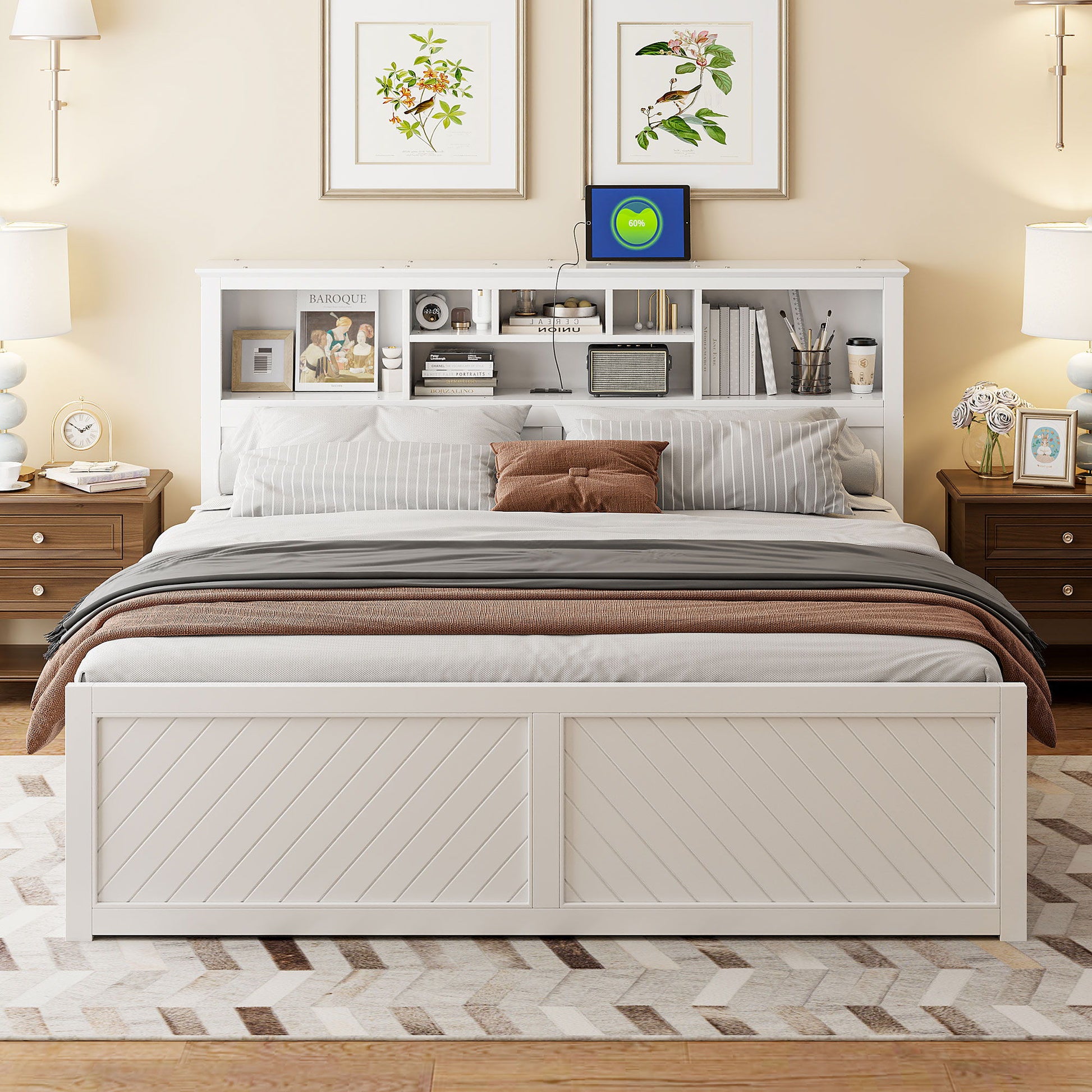 Platform Bed With Multi Storage Headboard, USB And Drawers
