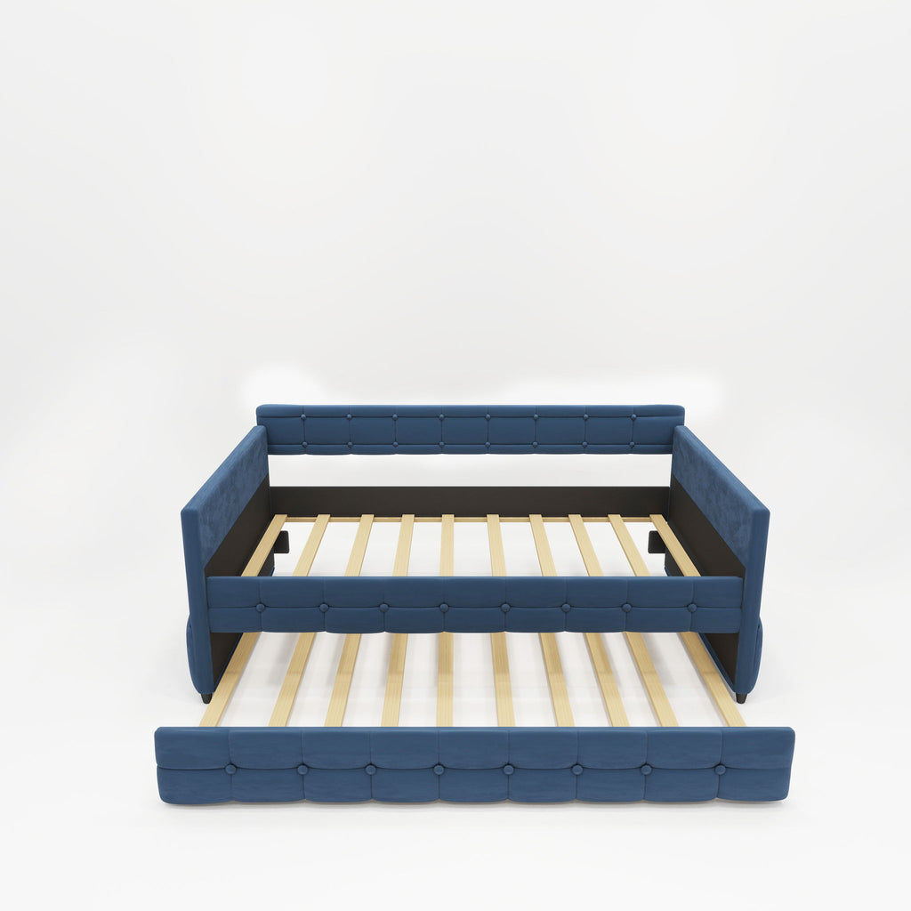 Upholstered Twin Size Daybed Bed Frame (Corner Bed) With Trundle, Velvet Fabric, Studding Design, No Box Spring Required