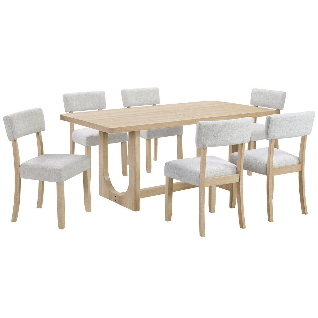 7 Piece Dining Table Set For 6, Rectangular Table & 6 Upholstered Chairs, Sturdy U - Shaped Base For Dining Room - Light Oak