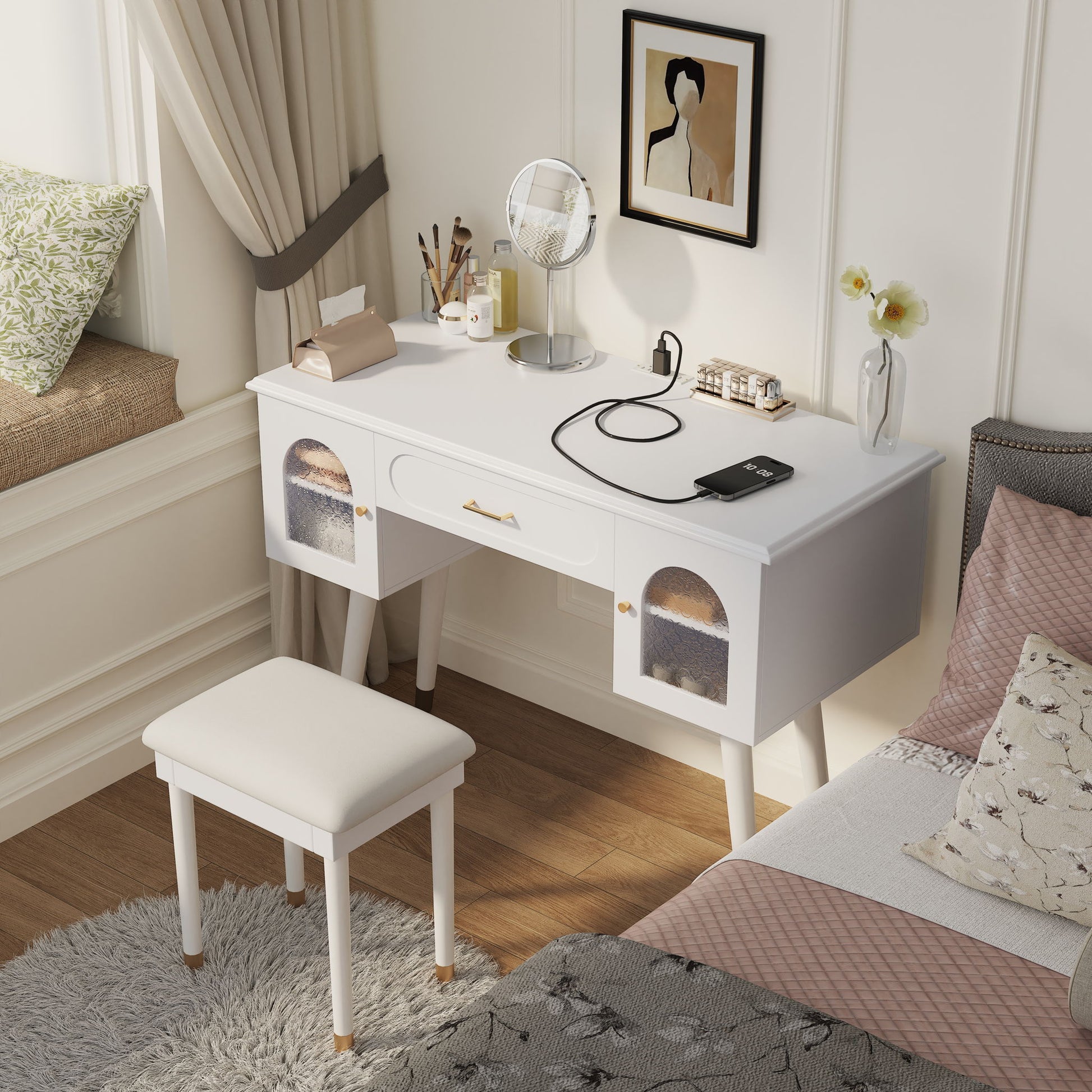 Elegant Vanity Makeup Table & Chair Set Modern Dressing Table With Organizer Writing Desk Charging Port Engineered Wood - White