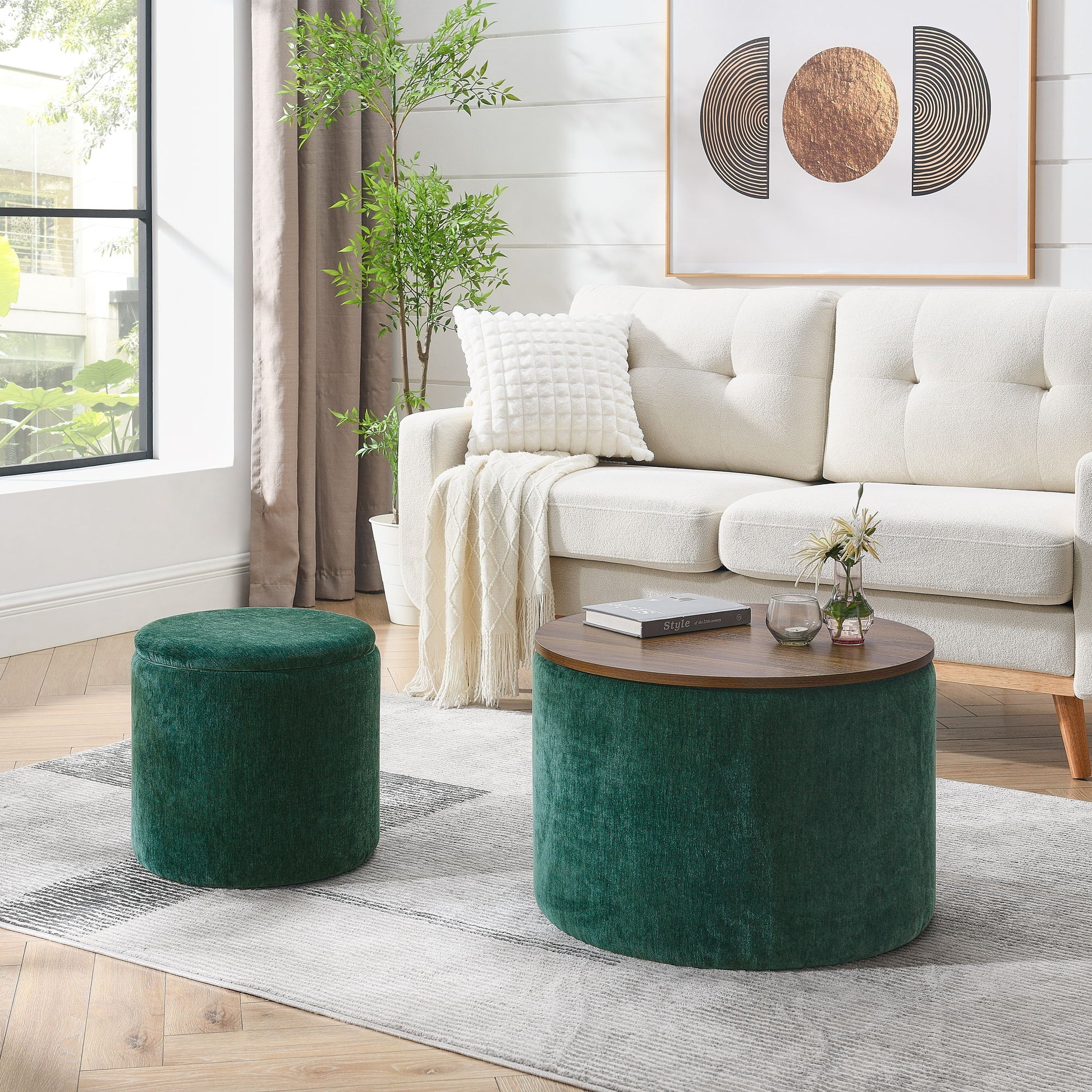 Classic 2 Piece Round Storage Ottoman Set With Drum Shaped Stool