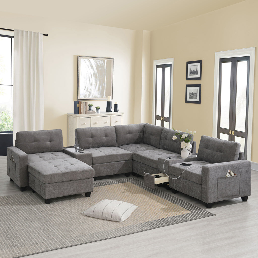 Sectional With Acrylic Table Top U Shaped Couch Set With 2 Consoles USB Charger, Storage Drawers And Pockets Movable Ottoman Tufted Sofa
