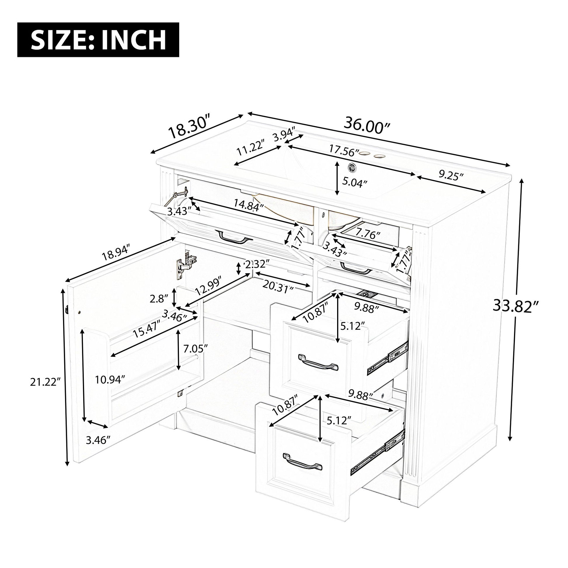 Modern Bathroom Vanity With Sink, 4 Drawers, Soft-Close Door, Adjustable Shelf