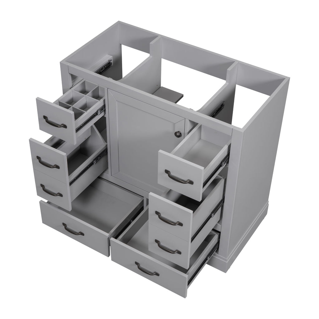 36" Bathroom Vanity Without Sink, Cabinet Base Only, 6 Drawers, Multi Functional Drawer Divider, Adjustable Shelf - Gray