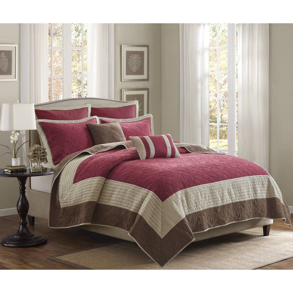 Attingham - Full/Queen 7 Piece Quilt Set With Euro Shams And Throw Pillows - Red