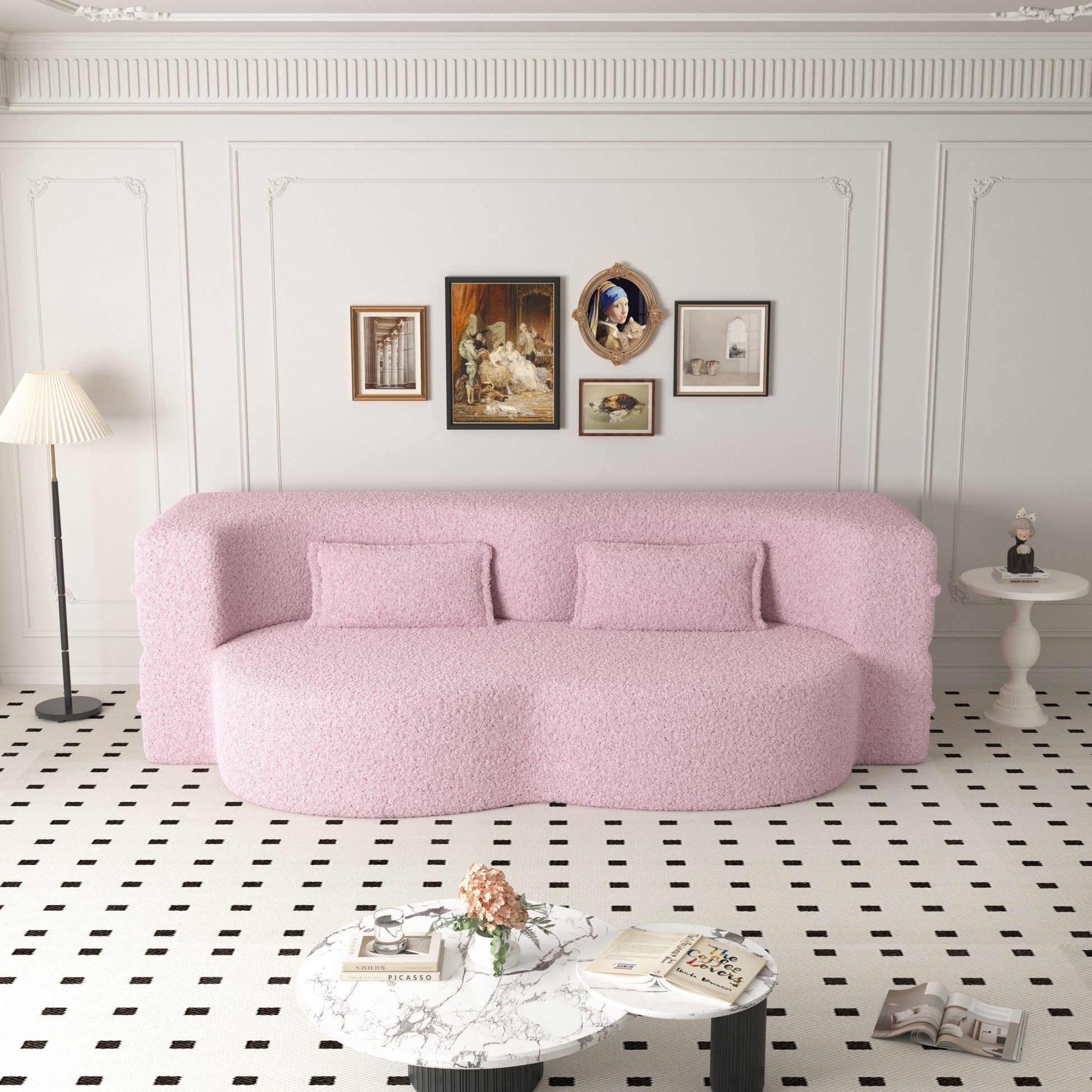 Modern Floor Sofa, With 2 Pillows, Convertible Teddy Fabric Foam Filled Bed