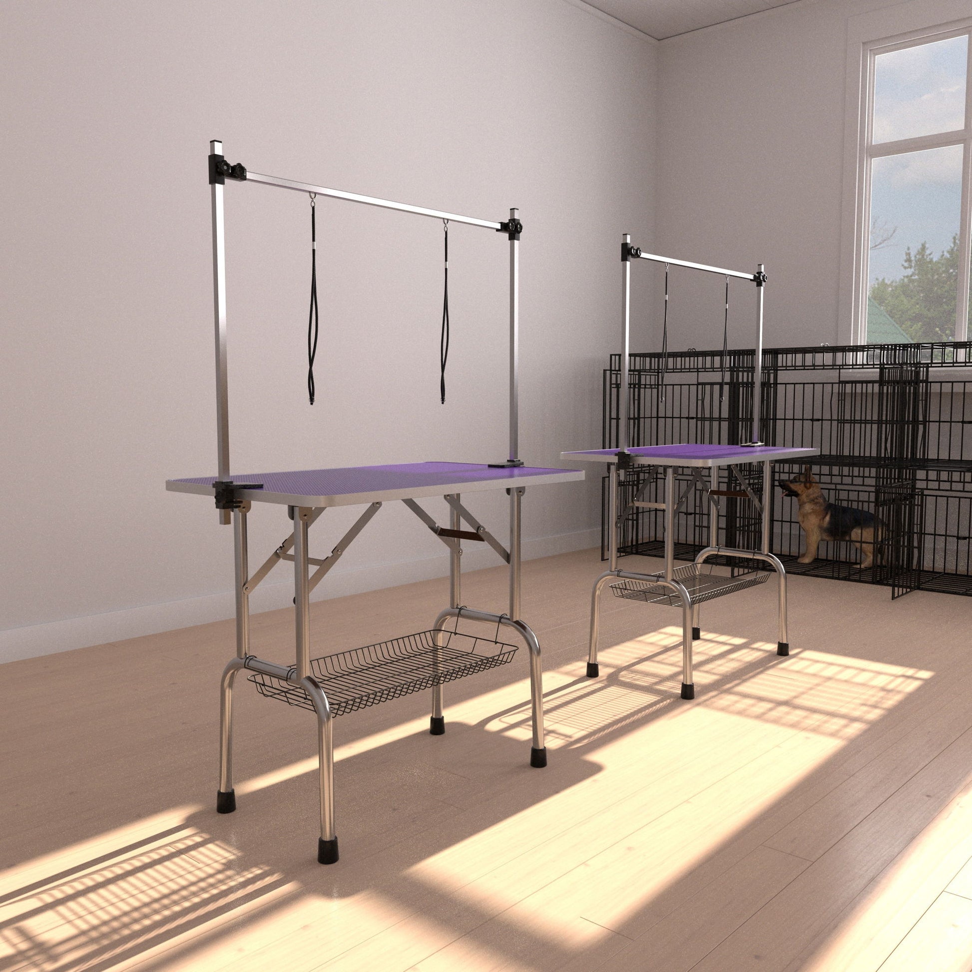 Folding Dog Pet Grooming Table Stainless Steel Frame Rubber Mat On Board With Adjustable Arm And Clamps Pet Dog Cat Grooming Table