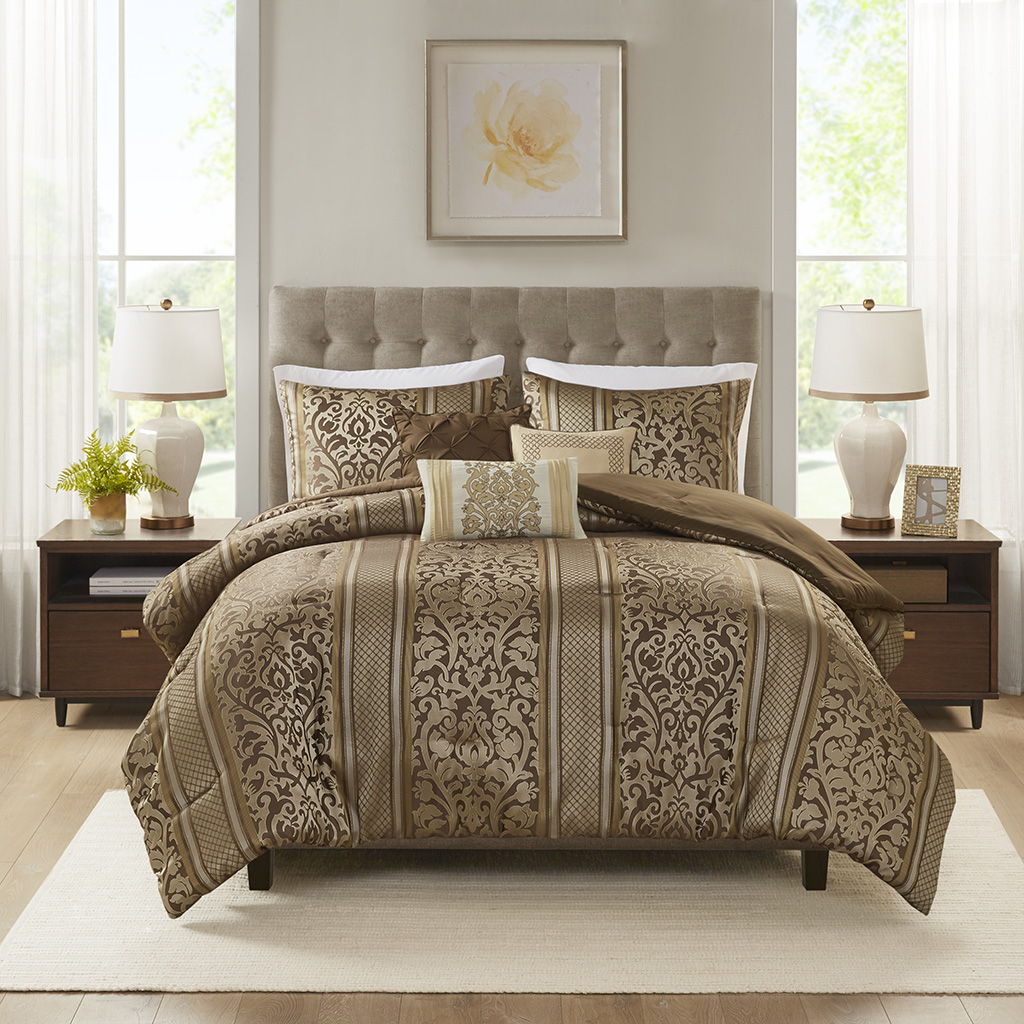 Bella - 6 Piece Jacquard Comforter Set With Throw Pillows - Light Brown