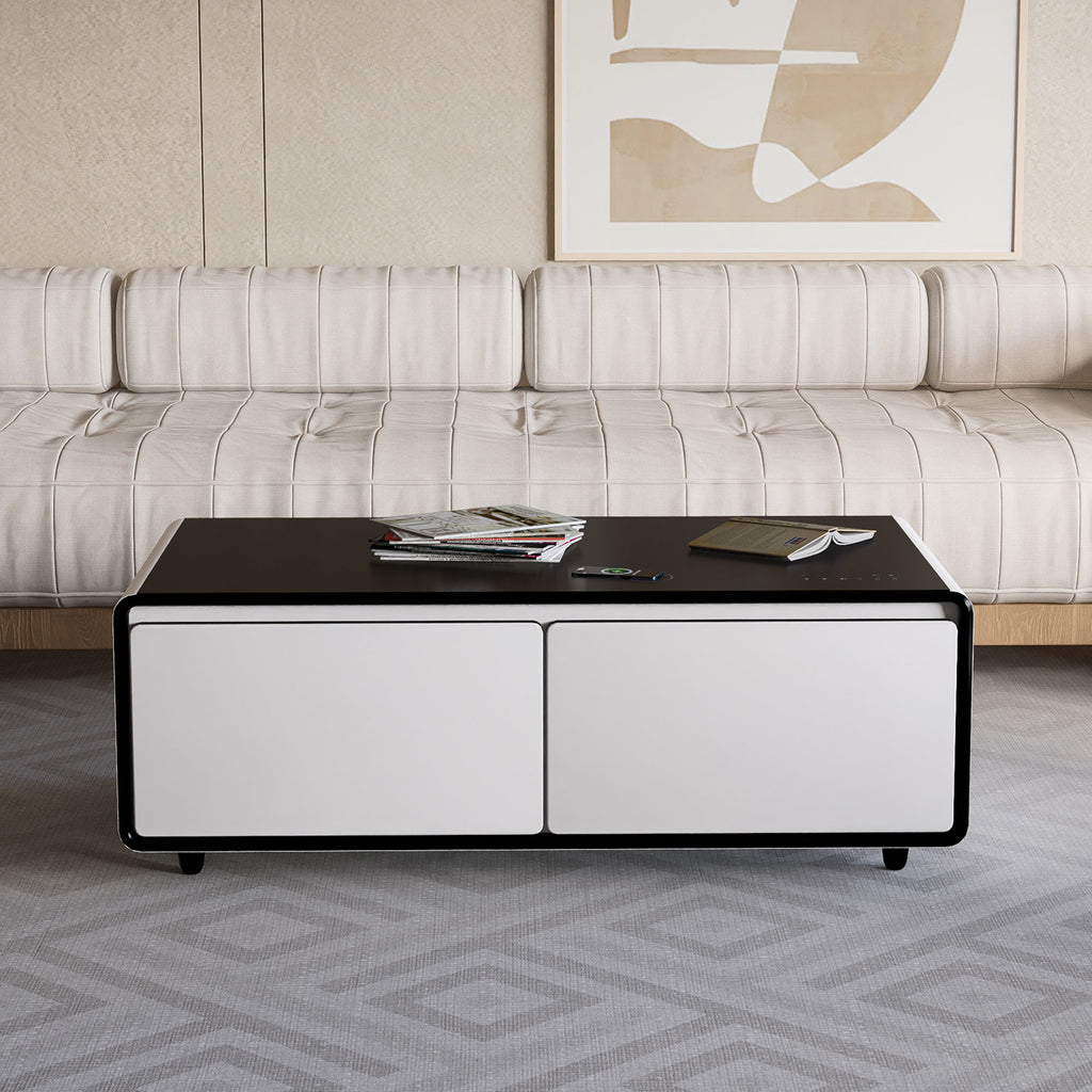 Modern Smart Coffee Table With Built-In Fridge, tooth Speaker, Wireless Charging Module, Touch Control Panel, Power Socket, USB Interface, Outlet Protection, Atmosphere Light