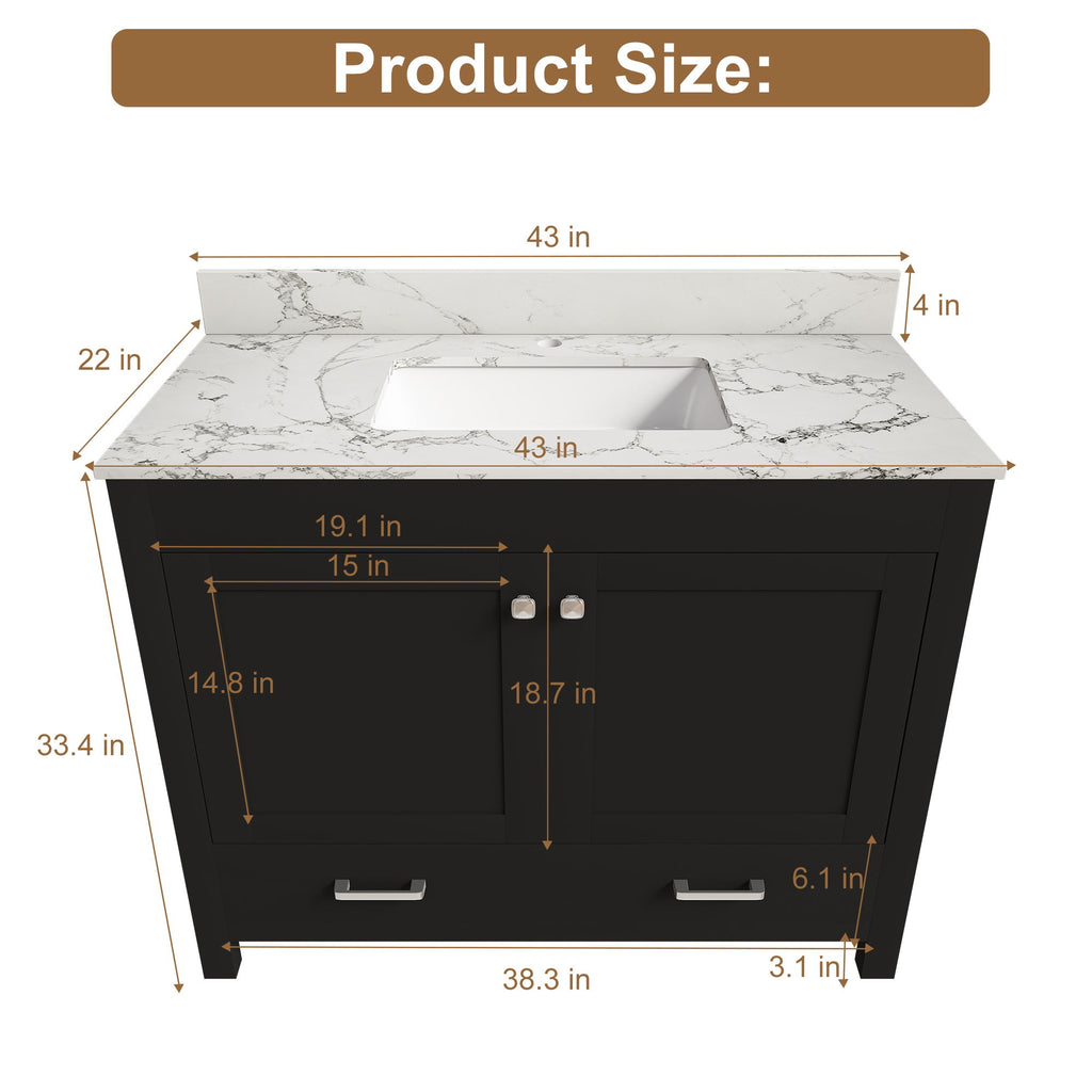Bathroom Vanity Set, Fluted Cabinet, Soft Close Doors & Drawers, Single Faucet Hole, Sink Included - Black