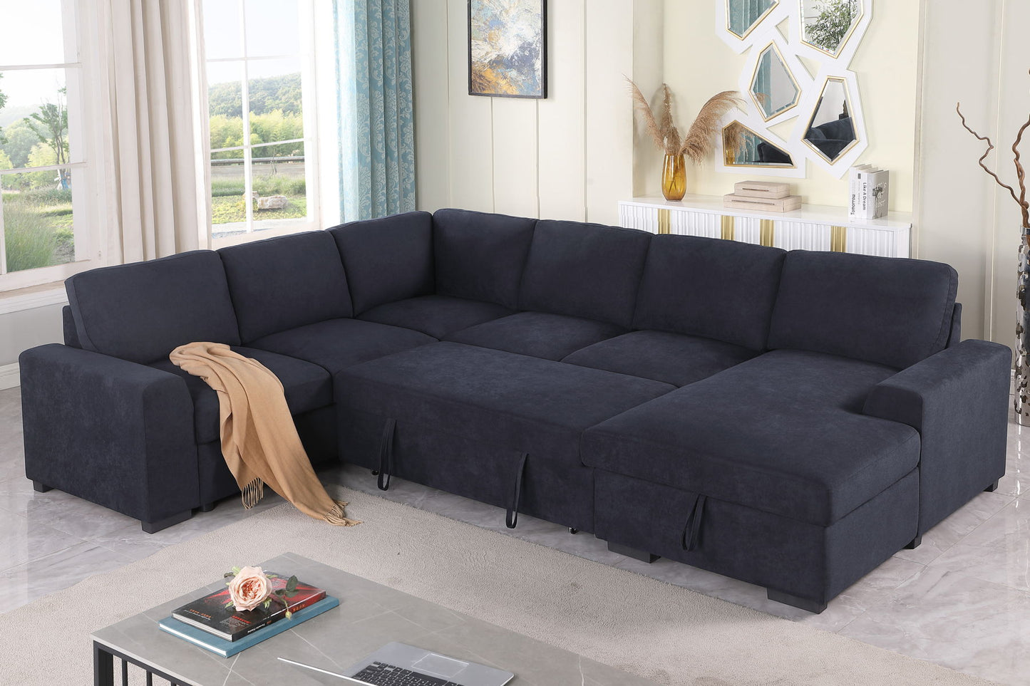 Selene II - 117.5"W Dark Gray Woven Fabric Sleeper Sectional Sofa With Right-Facing Storage Chaise