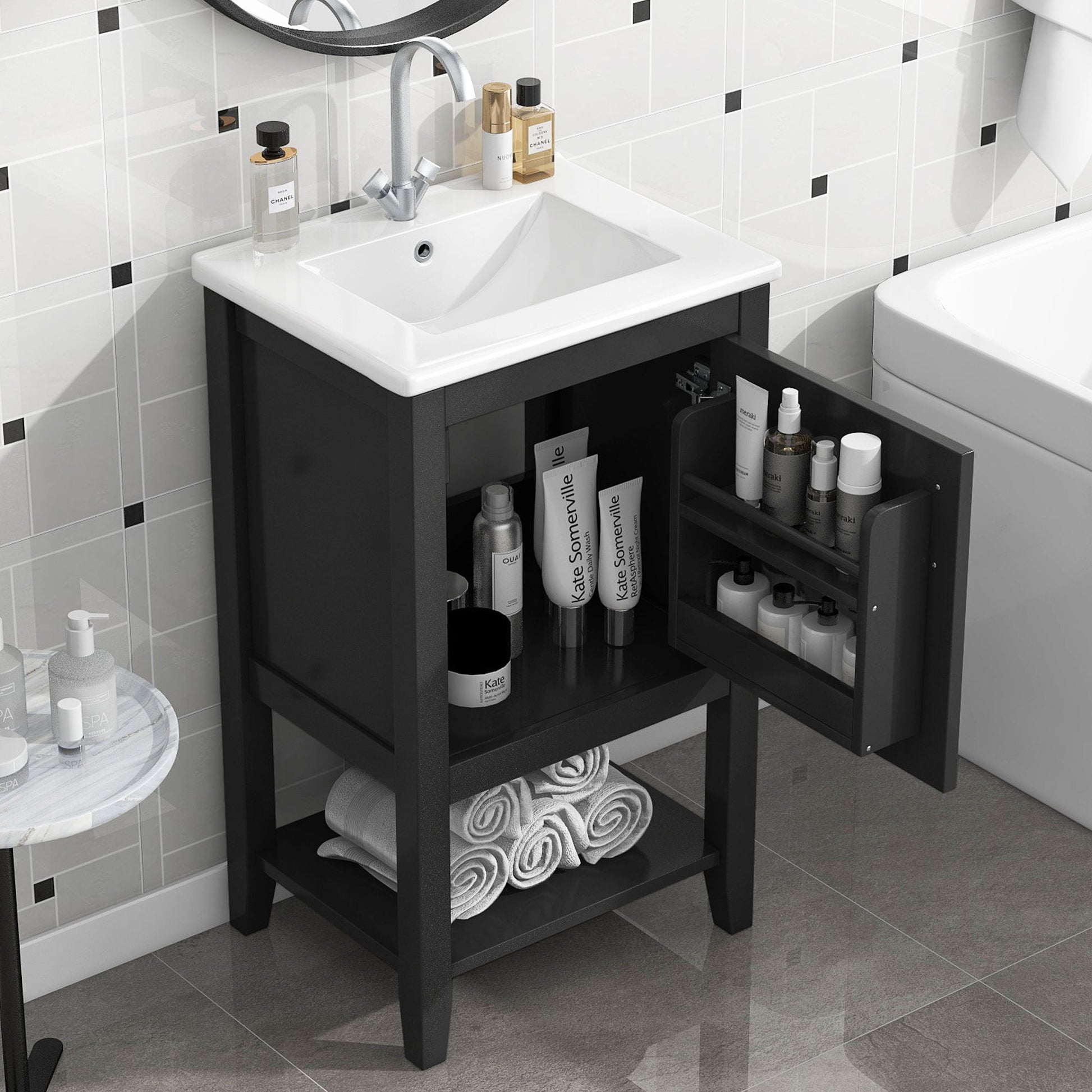 Modern Bathroom Vanity With Sink, Soft-Closing Door And Open Shelf