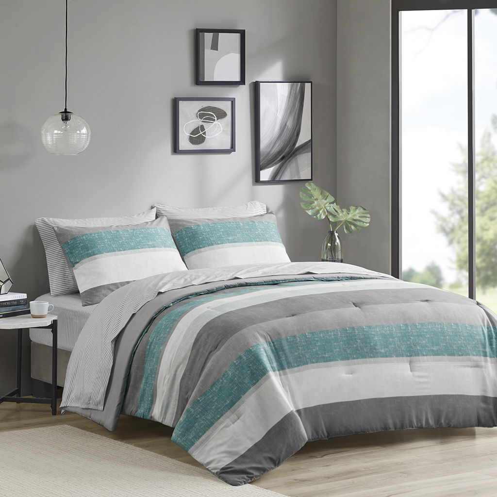 Jaxon - Stripe Queen Comforter Set With Bed Sheets - Aqua / Gray