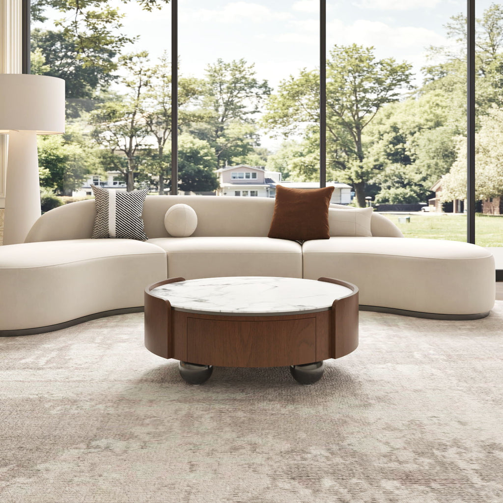 Round Coffee Table With Ball Feet, Dual Storage Drawers For Living Room - Walnut Brown