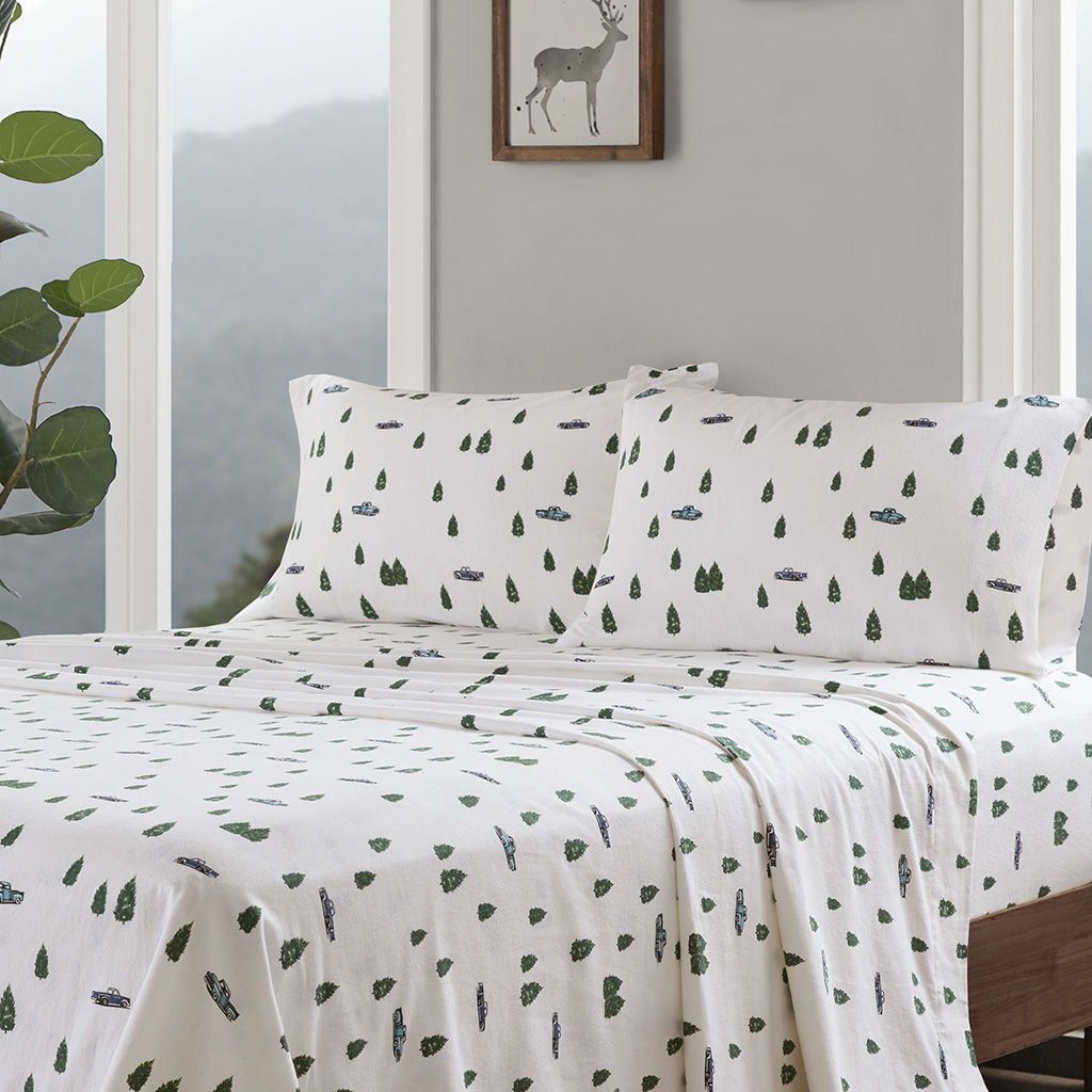 Flannel - 3 Piece Twin Sheet Set - Green Trees & Trucks