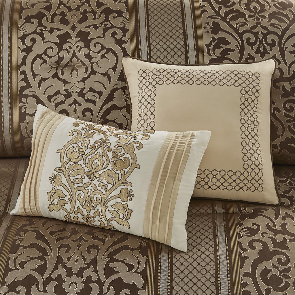 Bella - 6 Piece Jacquard Comforter Set With Throw Pillows - Light Brown