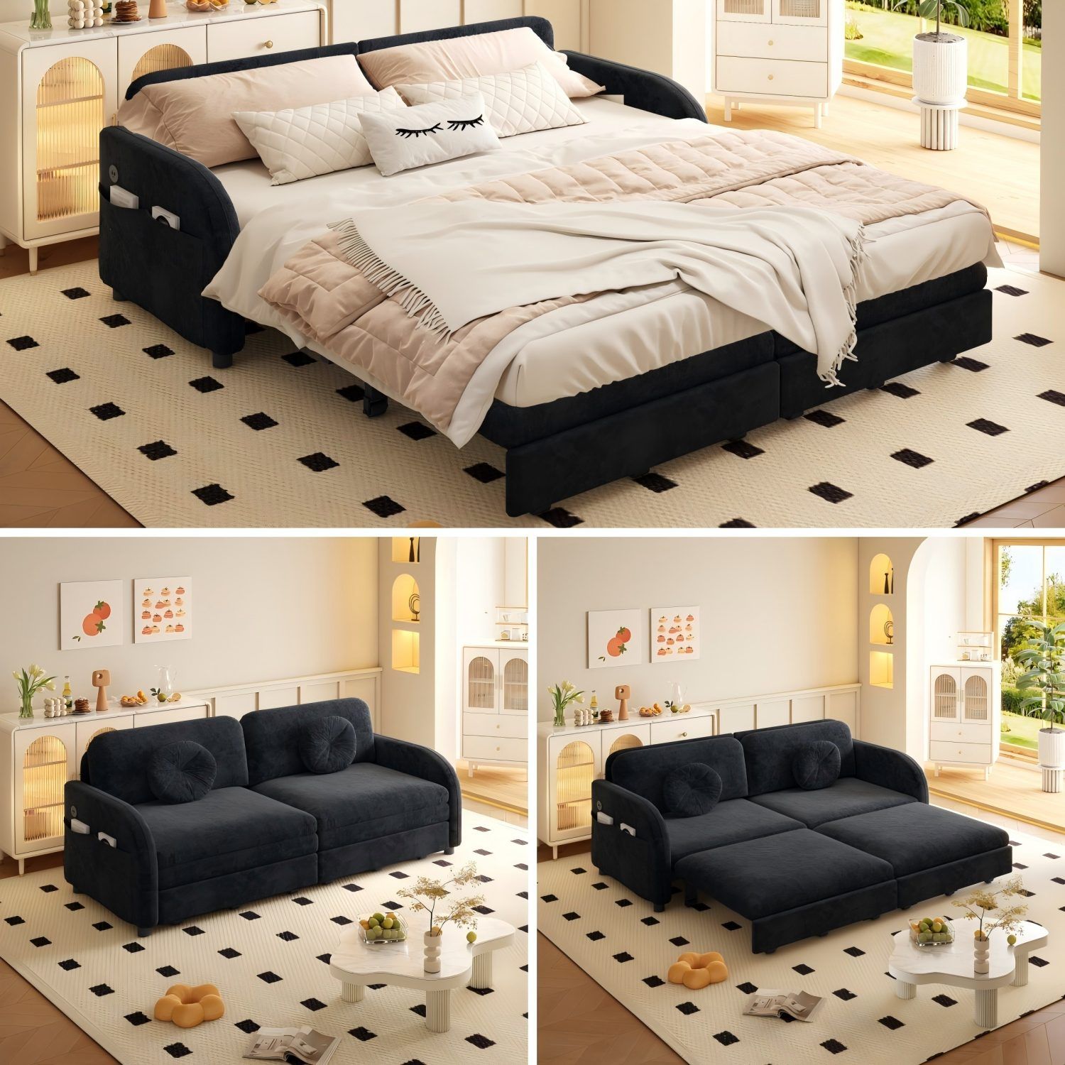 Upholstered Pull Out Couch With Side Pocket & USB Port