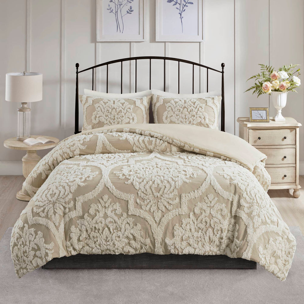 Viola - King 3 Piece Tufted Damask Comforter Set - Taupe