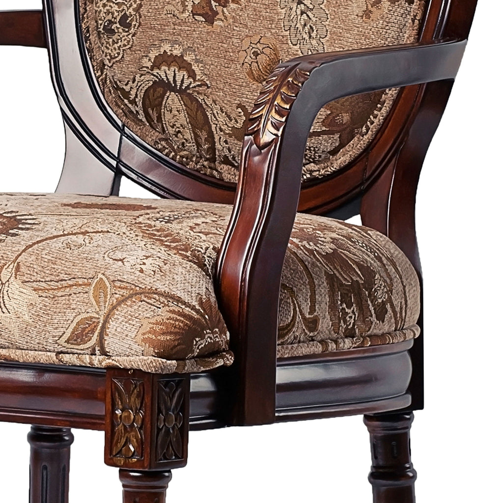 Bernice - Traditional Oval Back Chair With Floral Carvings - Brown / Beige Gray