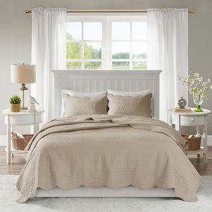 Tuscany - 3 Piece Full/Queen Reversible Scalloped Edge Quilt Set - Khaki