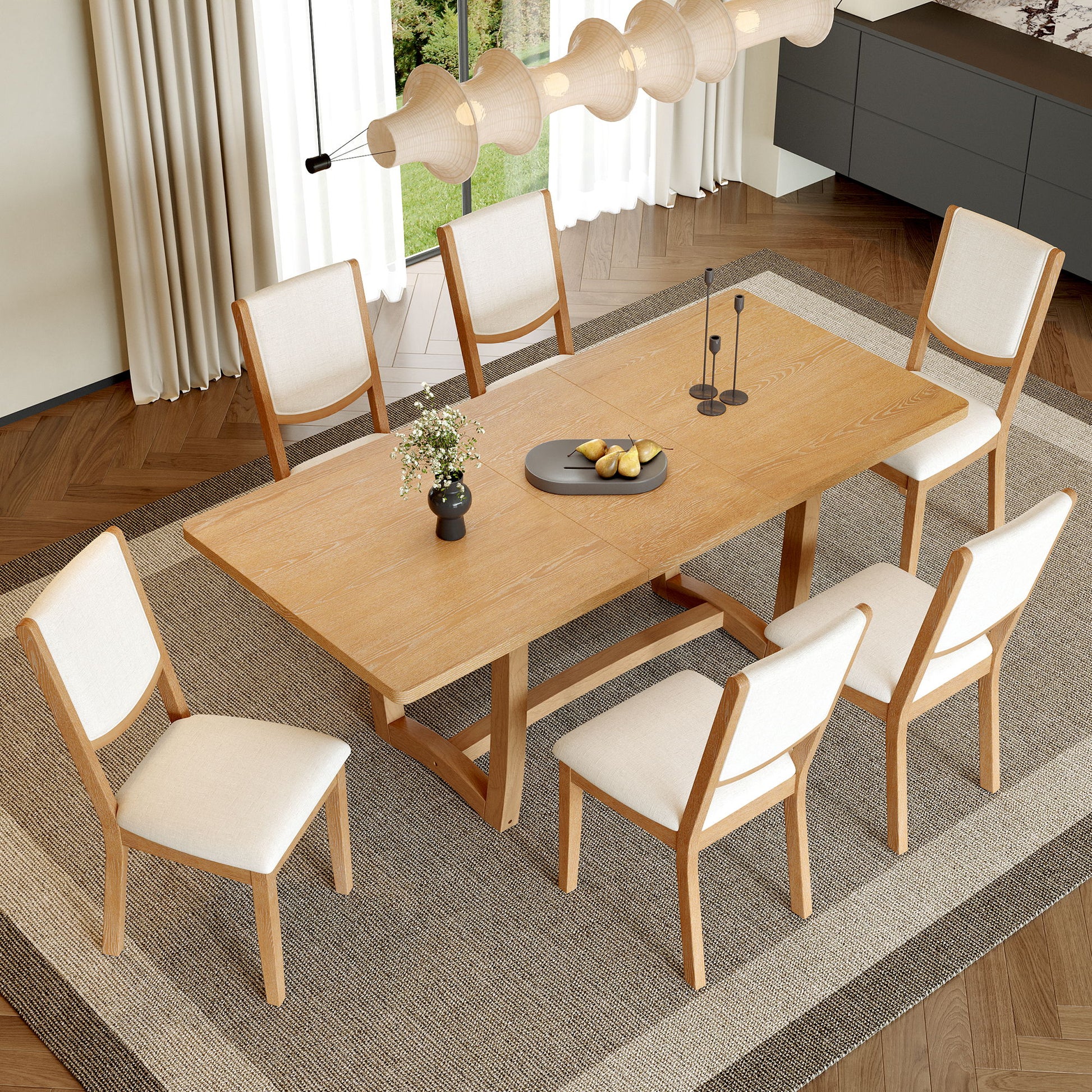 Rectangular Extendable Dining Table Set With 6 Upholstered Chairs