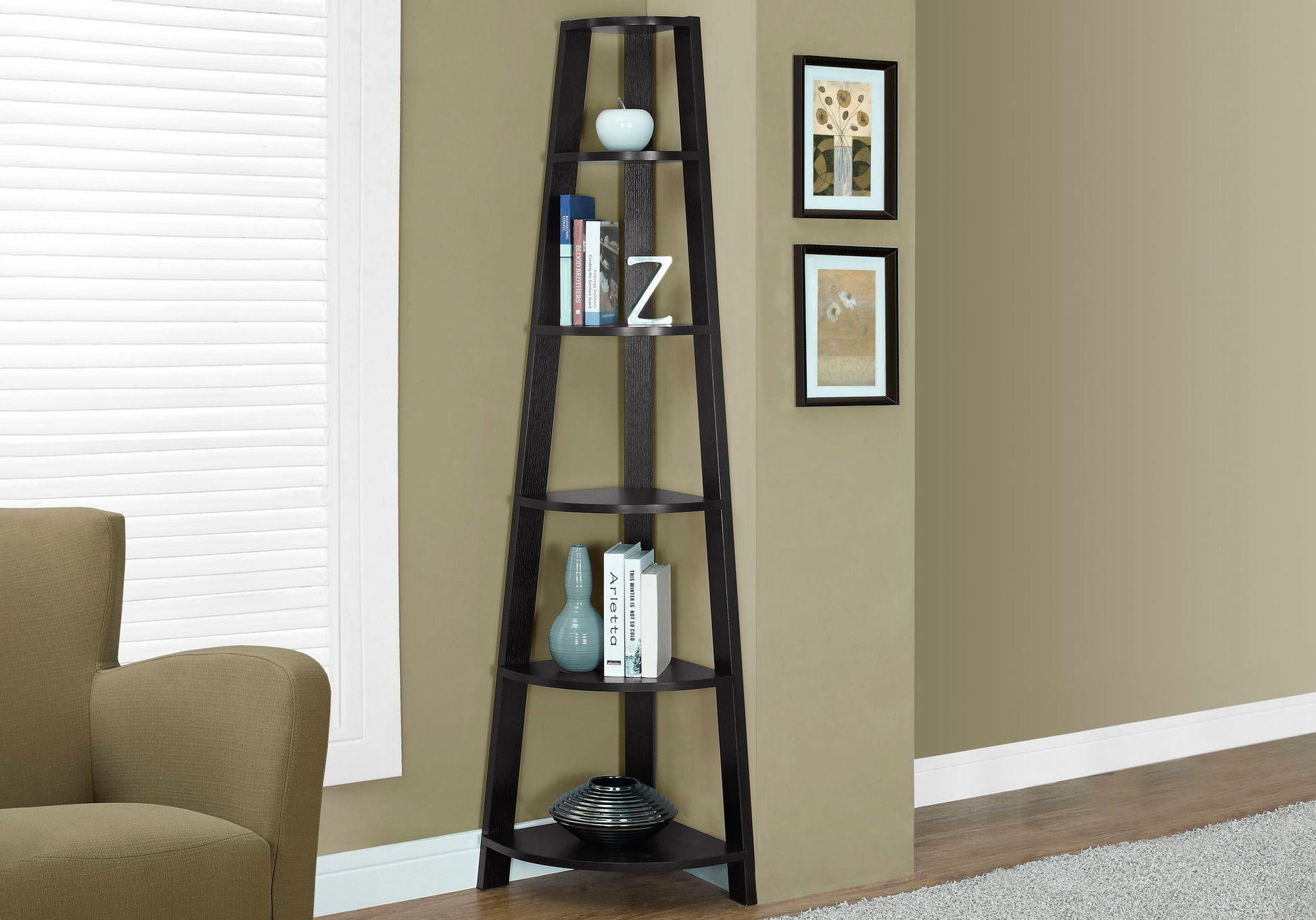 5 Tier Bookshelf, Bookcase, Etagere, Corner, For Office, Contemporary & Modern