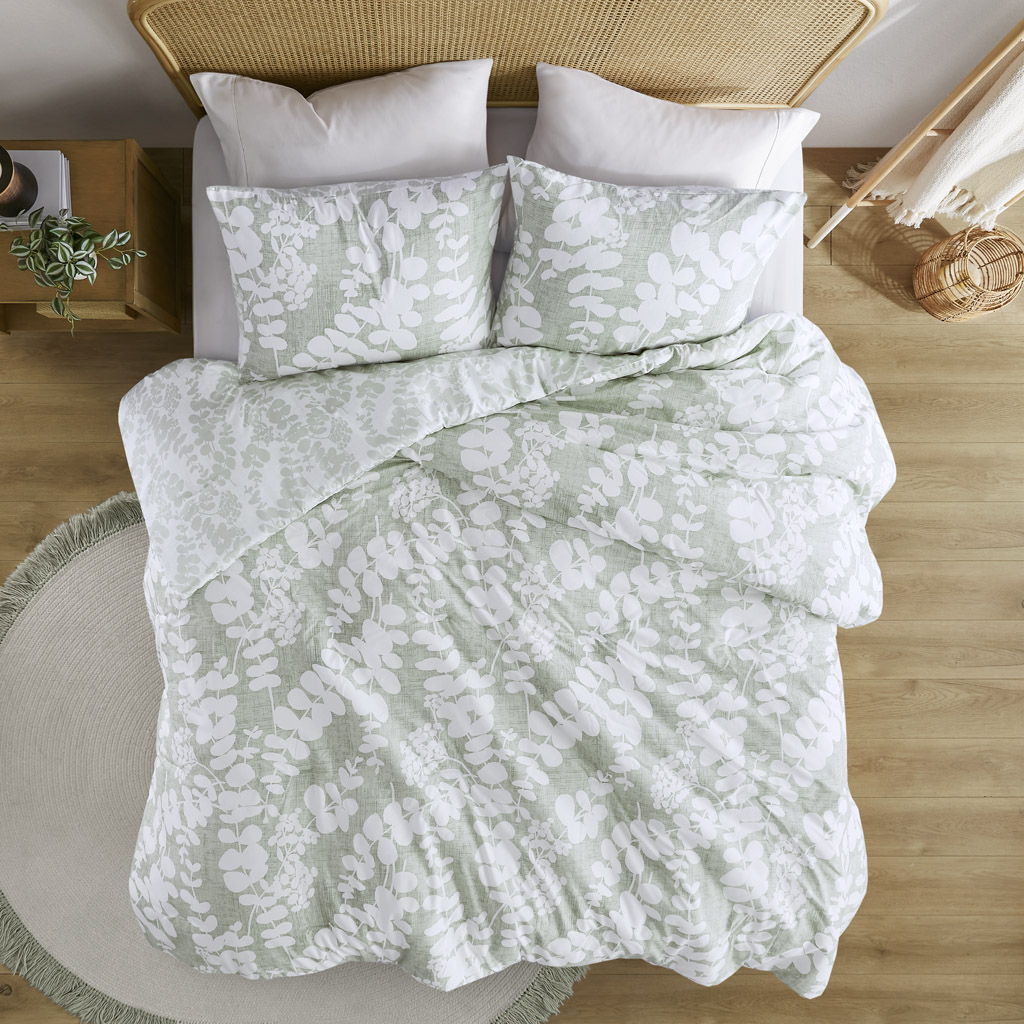 Aria - Full/Queen Floral Print Revesible Comforter Set - Sage